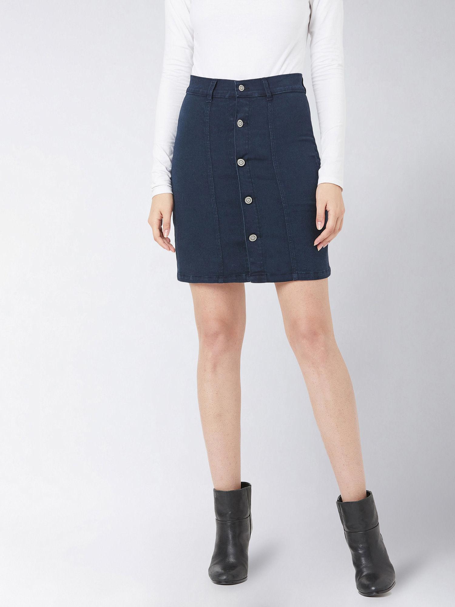 women's navy blue stretchable solid a-line mini denim skirt