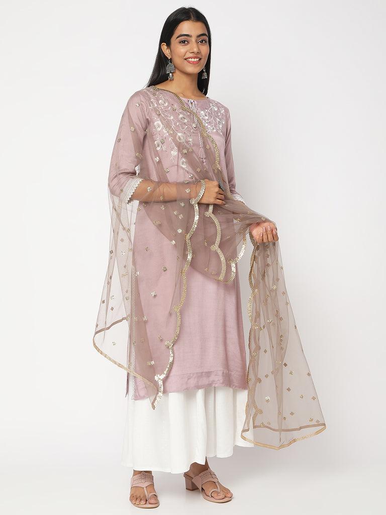 women's off white polyester net  embroidered dupatta