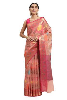 women's pink banarasi organza saree with blouse piece - pink