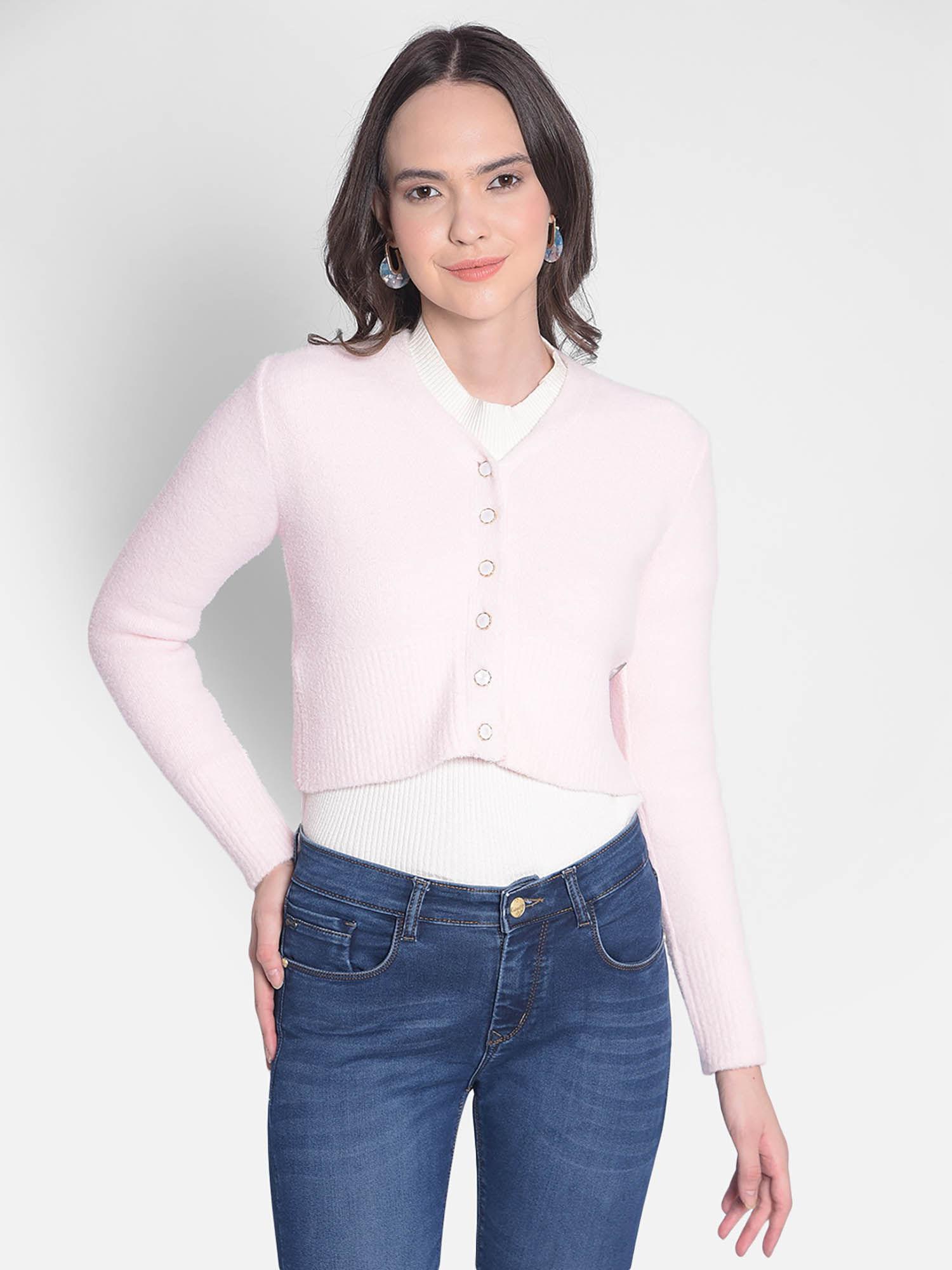 women's pink crop length cardigan