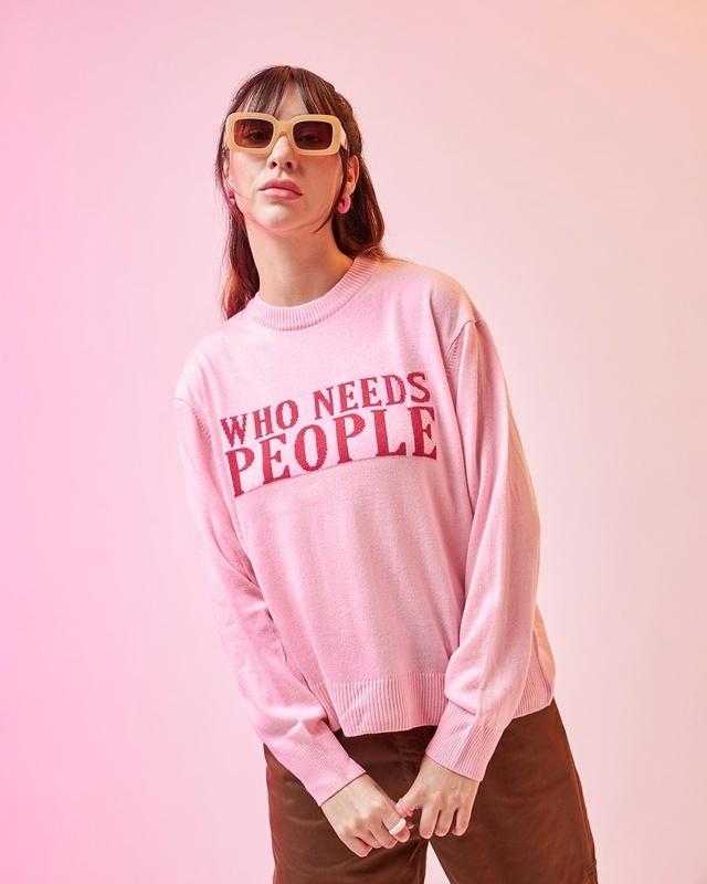 women's pink who needs people graphic printed super loose fit sweater