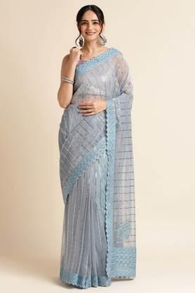 women's polyester embroidered and embellished bollywood sari with blouse piece - blue