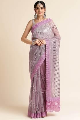 women's polyester embroidered and embellished bollywood sari with blouse piece - lavender