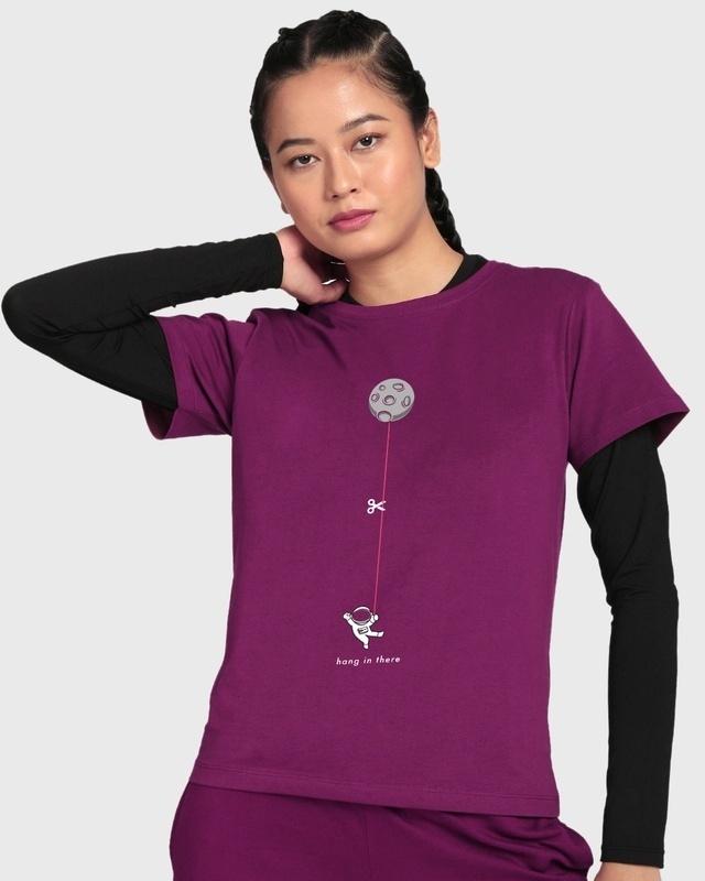 women's purple hangin astronaut graphic printed t-shirt