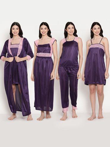 women's purple satin nighty with robe set (set of 5)