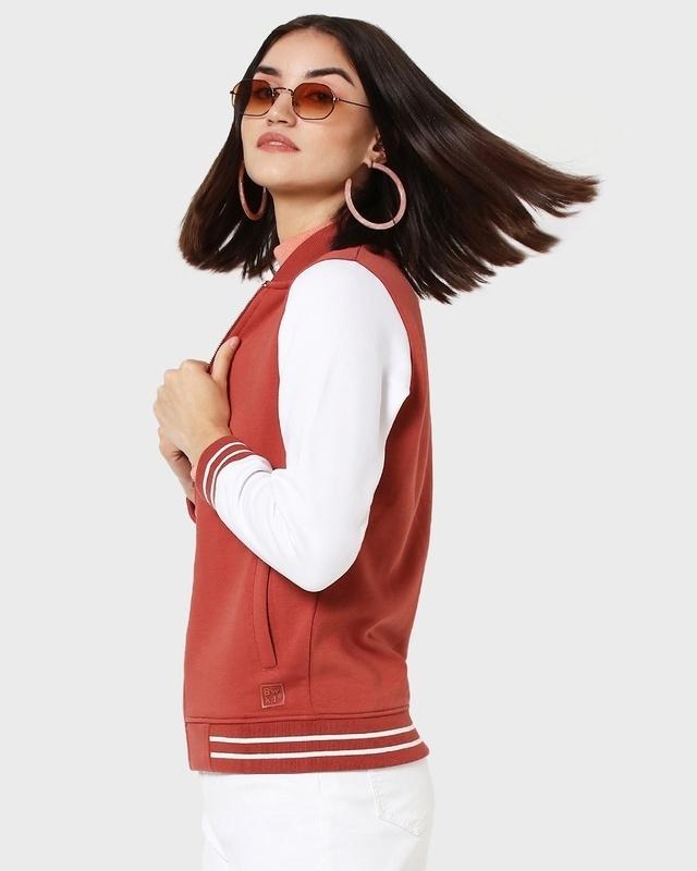 women's red & white color block varsity bomber jacket