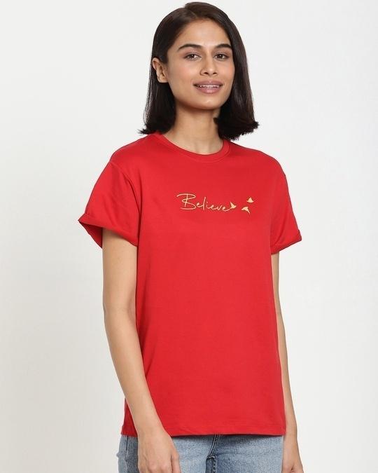 women's red believe typography boyfriend t-shirt