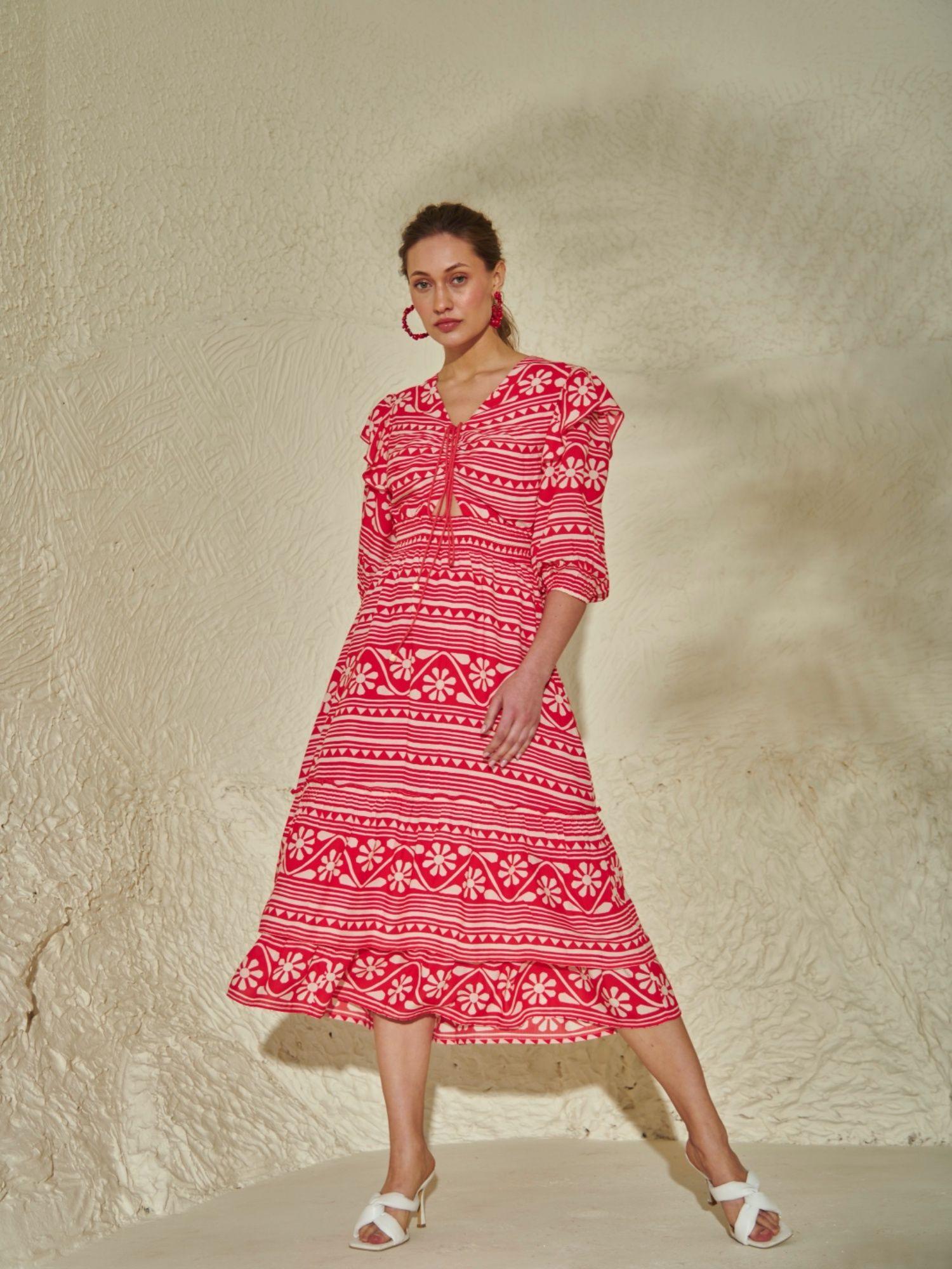 women's red viscose fit and flare maya printed maxi dress