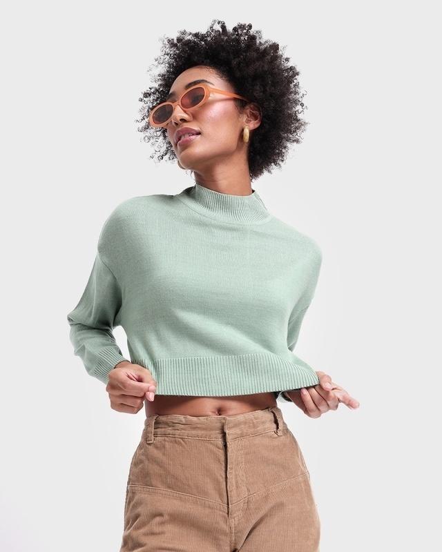 women's sage high neck oversized crop sweater