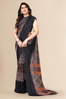 women's satin and chiffon embellished and printed bollywood sari with blouse piece - black