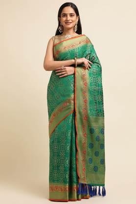 women's silk blend self design and embellished bollywood sari with blouse piece - green