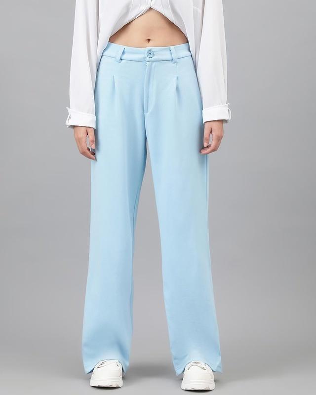 women's sky blue straight fit trousers