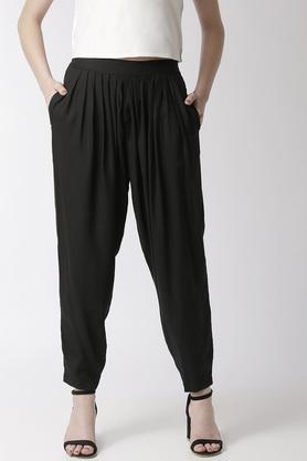 women's solid full length pleated pants - black