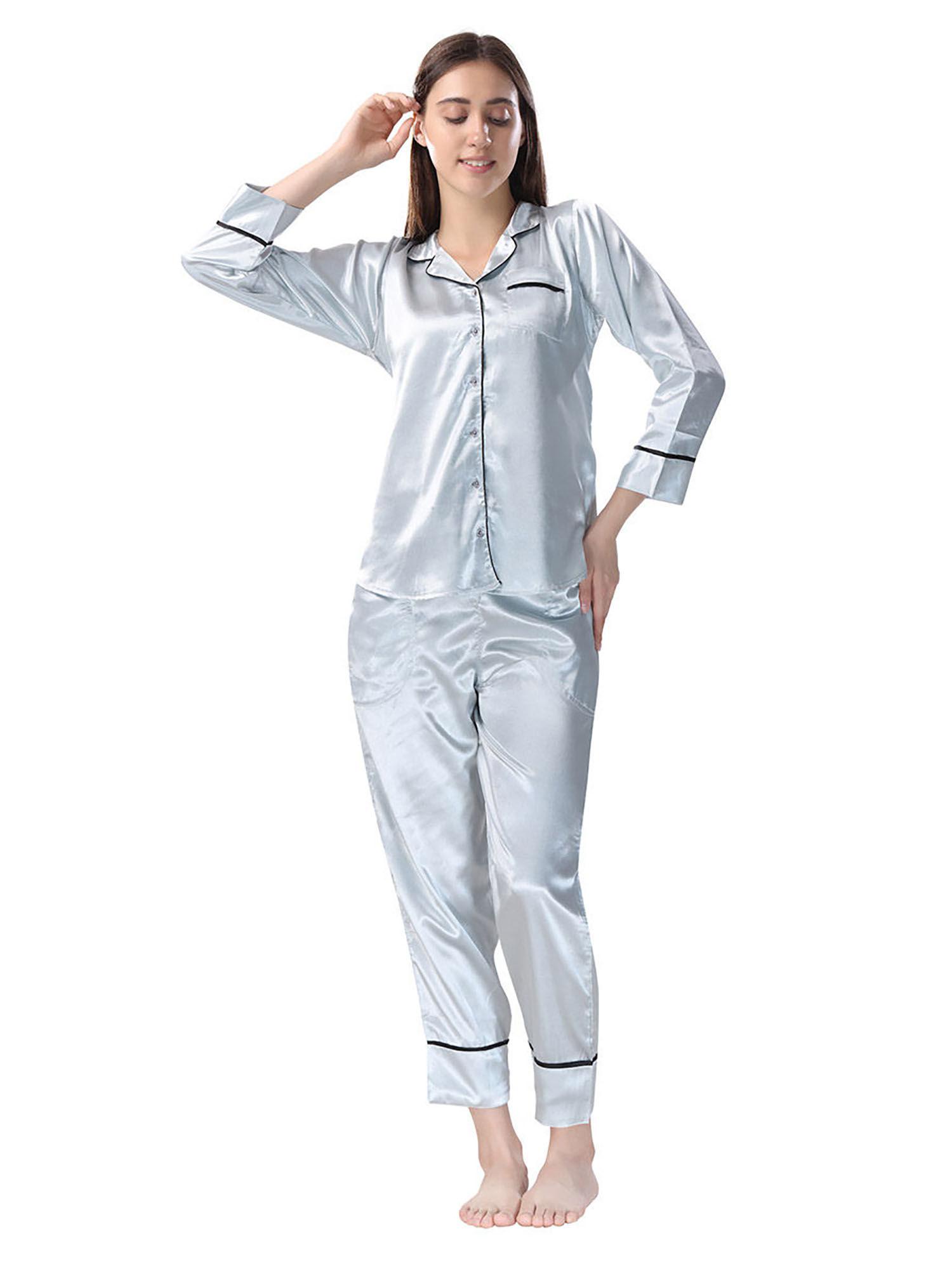 women's solid grey satin pajama set - grey