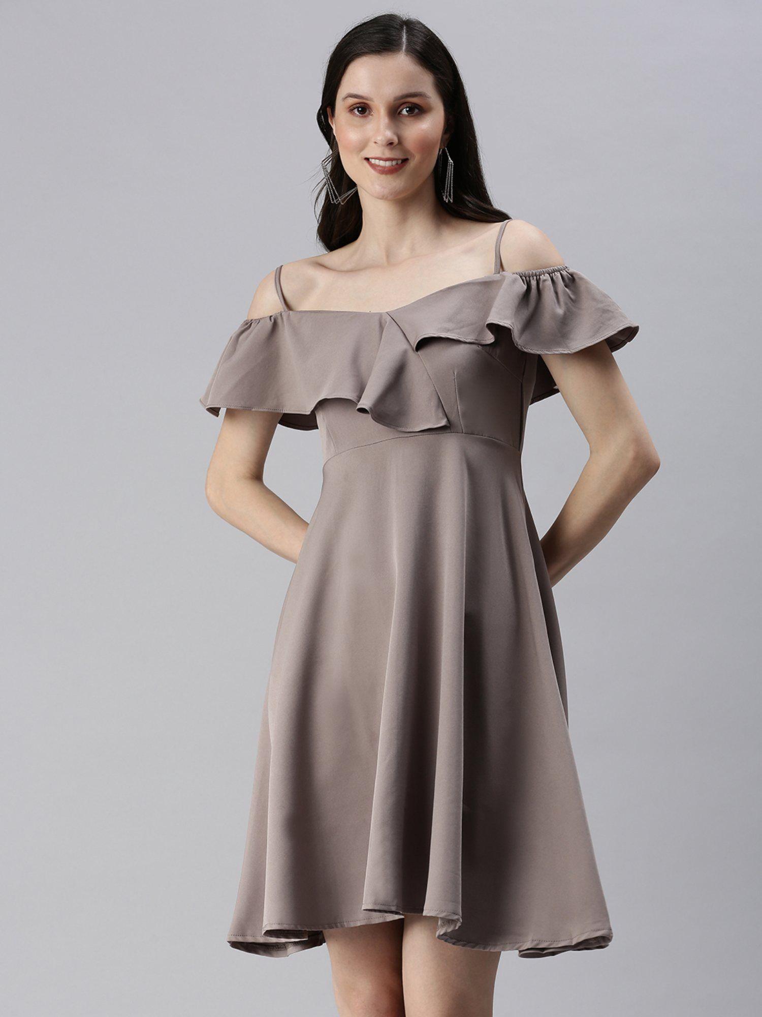 women's solid taupe fit and flare dress