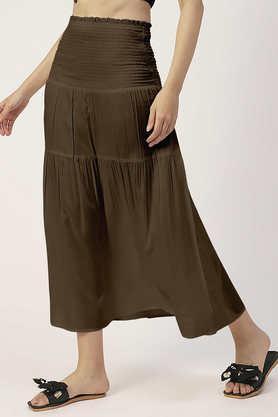 women's solid viscose rayon casual skirt high waist smocked midi skirt - brown