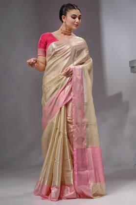 women's tussar linen woven zari work saree with unstitched printed blouse - natural