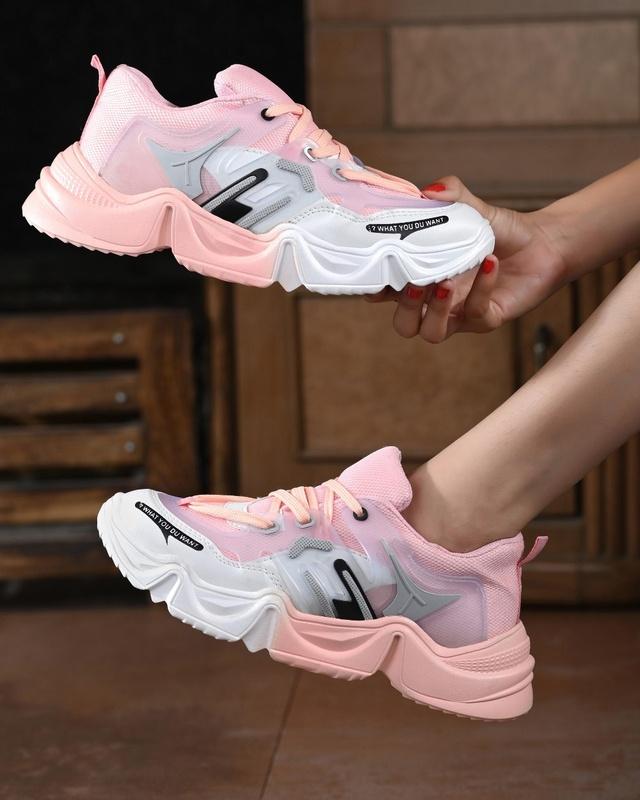 women's white & pink color block sneakers