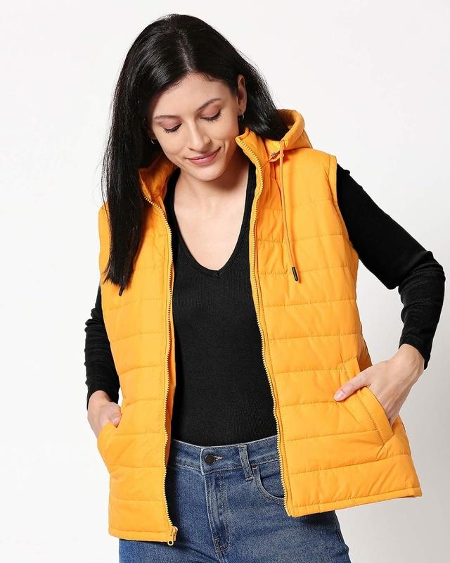 women's yellow puffer jacket with detachable hood