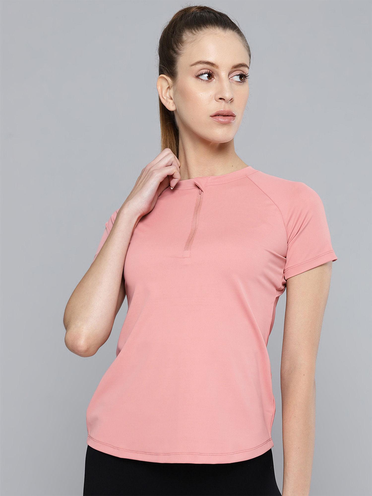 women's 1/4th zip short slevee t-shirt - pink