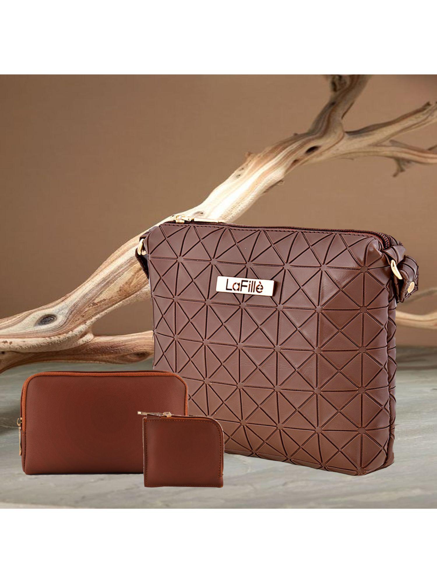 women's 3d texture sling bag pack of 3 (brown)