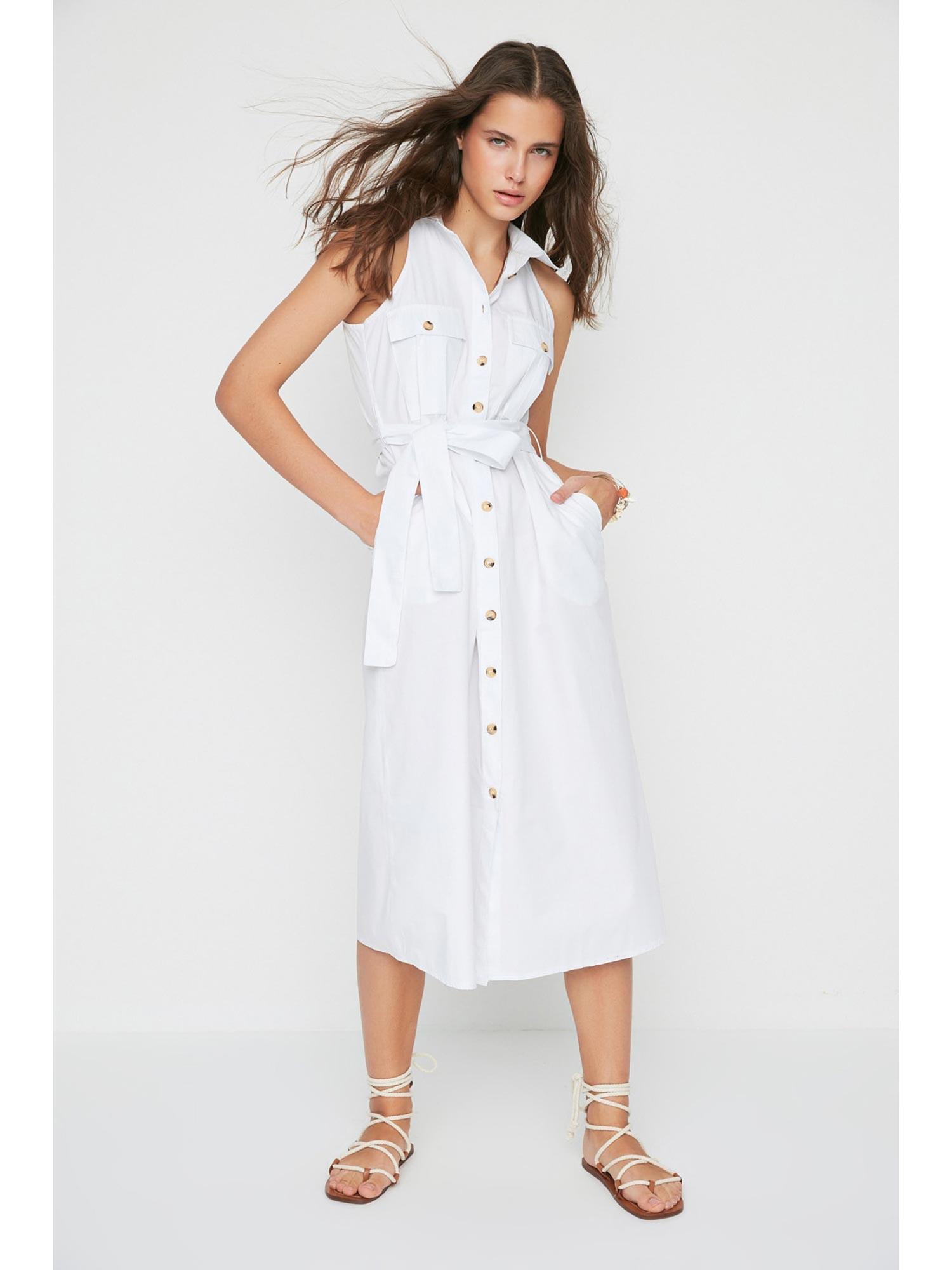 women's a-line white midi dresses with belt