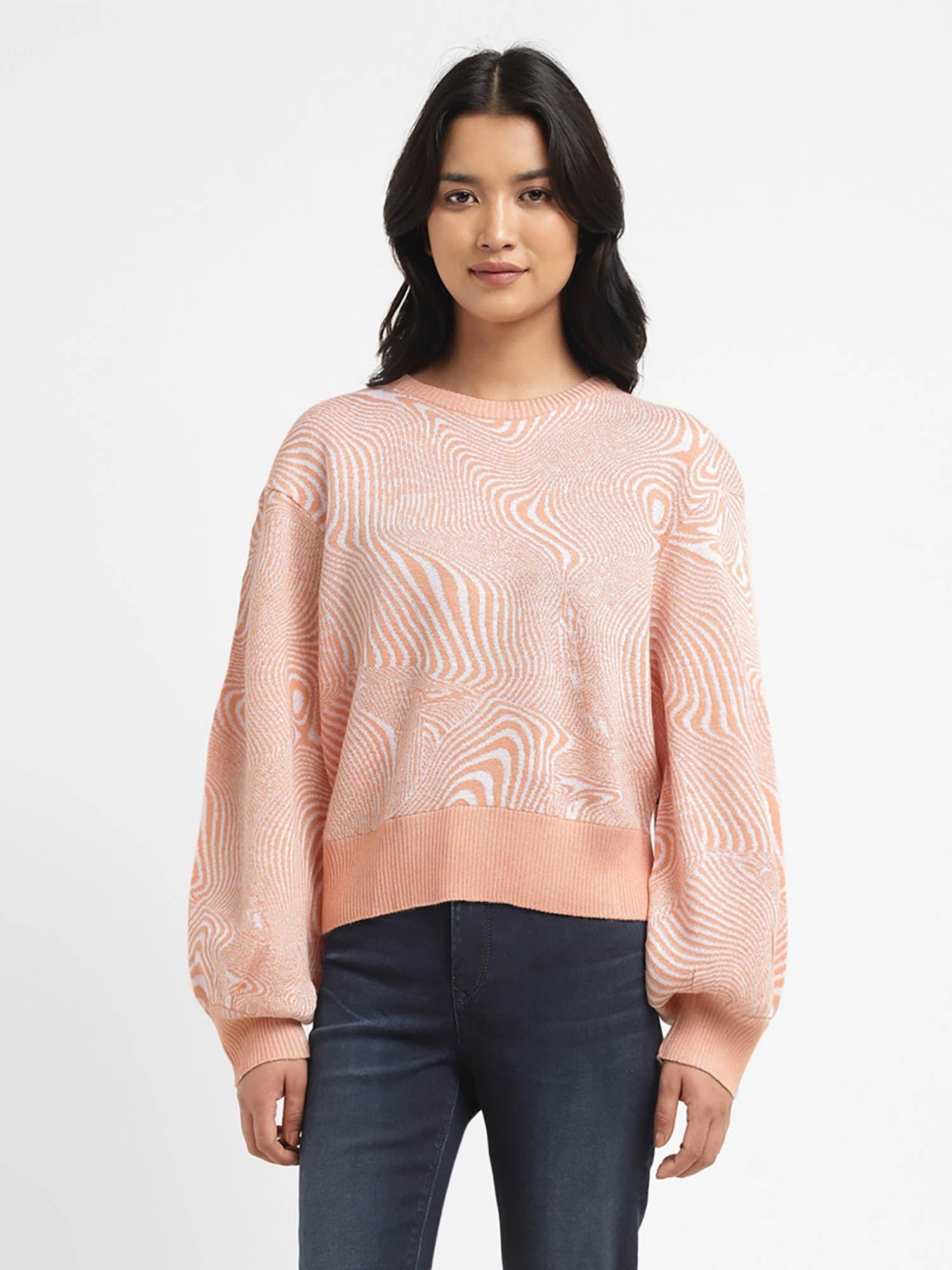 women's abstract print peach crew neck sweater