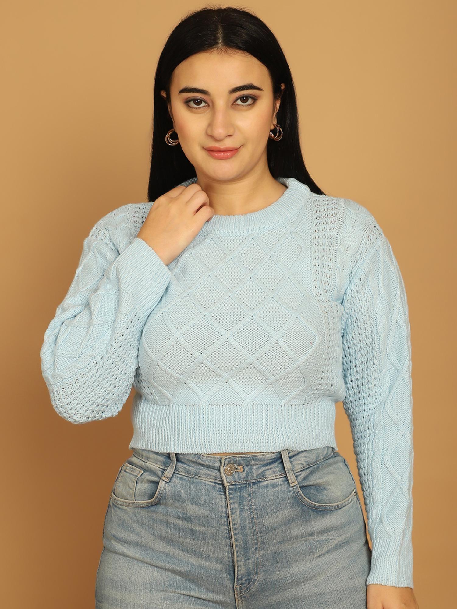 women's acrylic full sky blue sleeve crop sweater