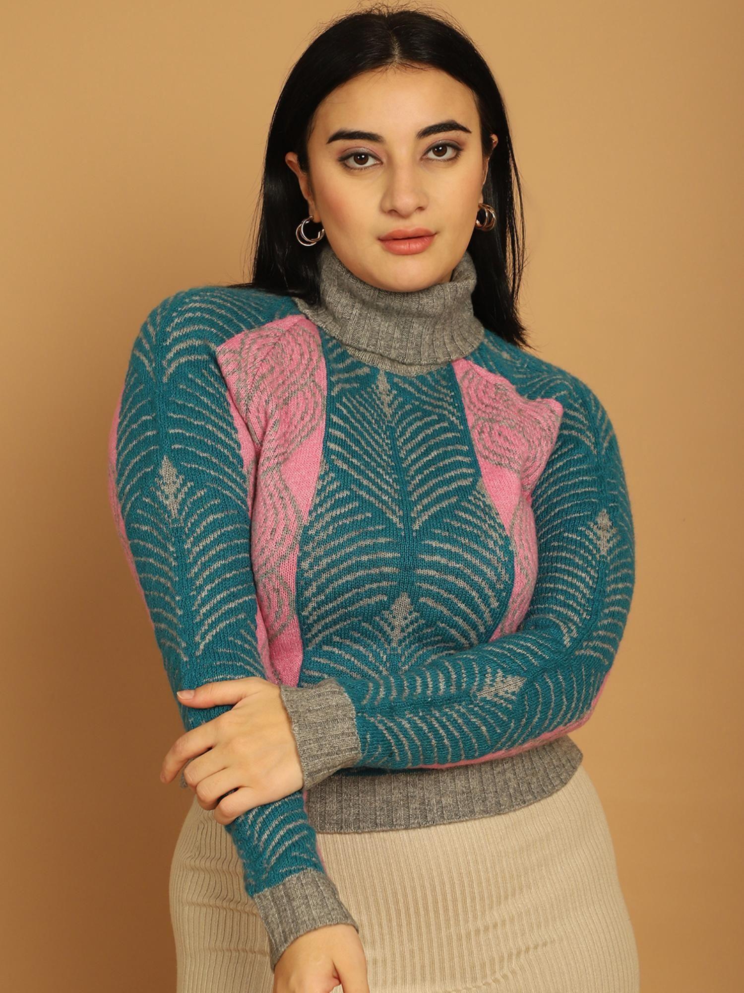 women's acrylic full sleeve printed pink sweater