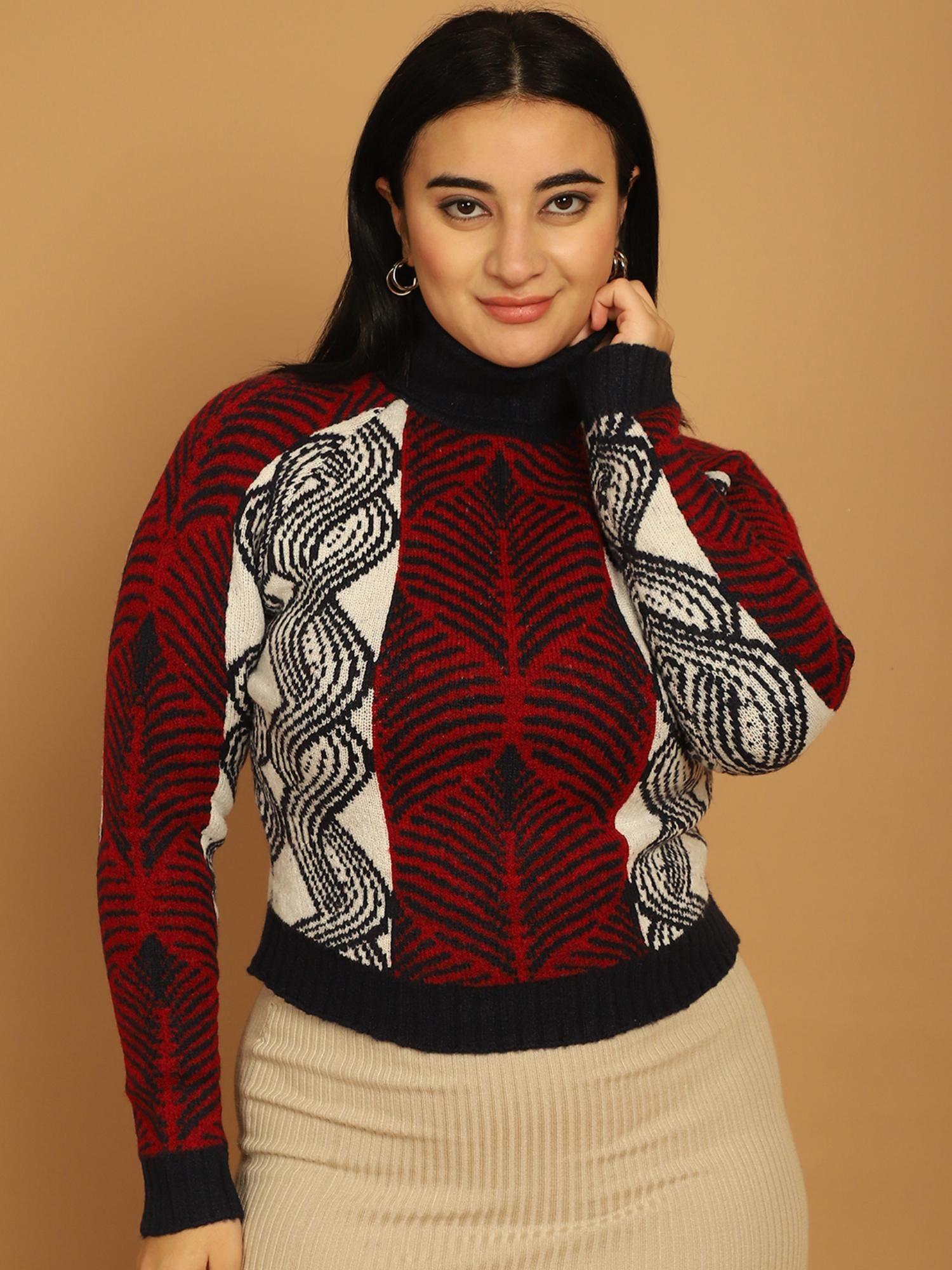 women's acrylic full sleeve printed red sweater