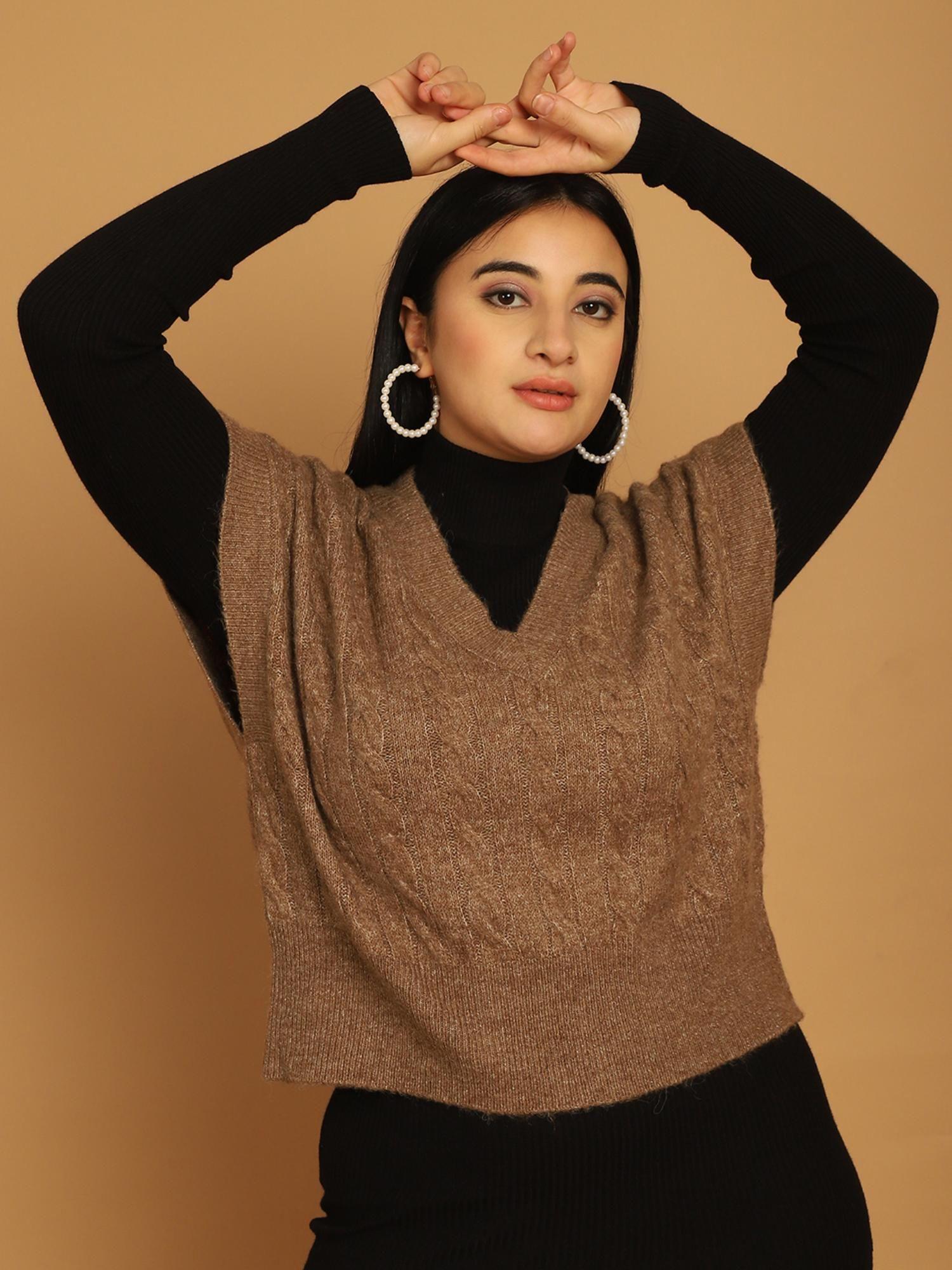 women's acrylic v-neck vest brown sweater