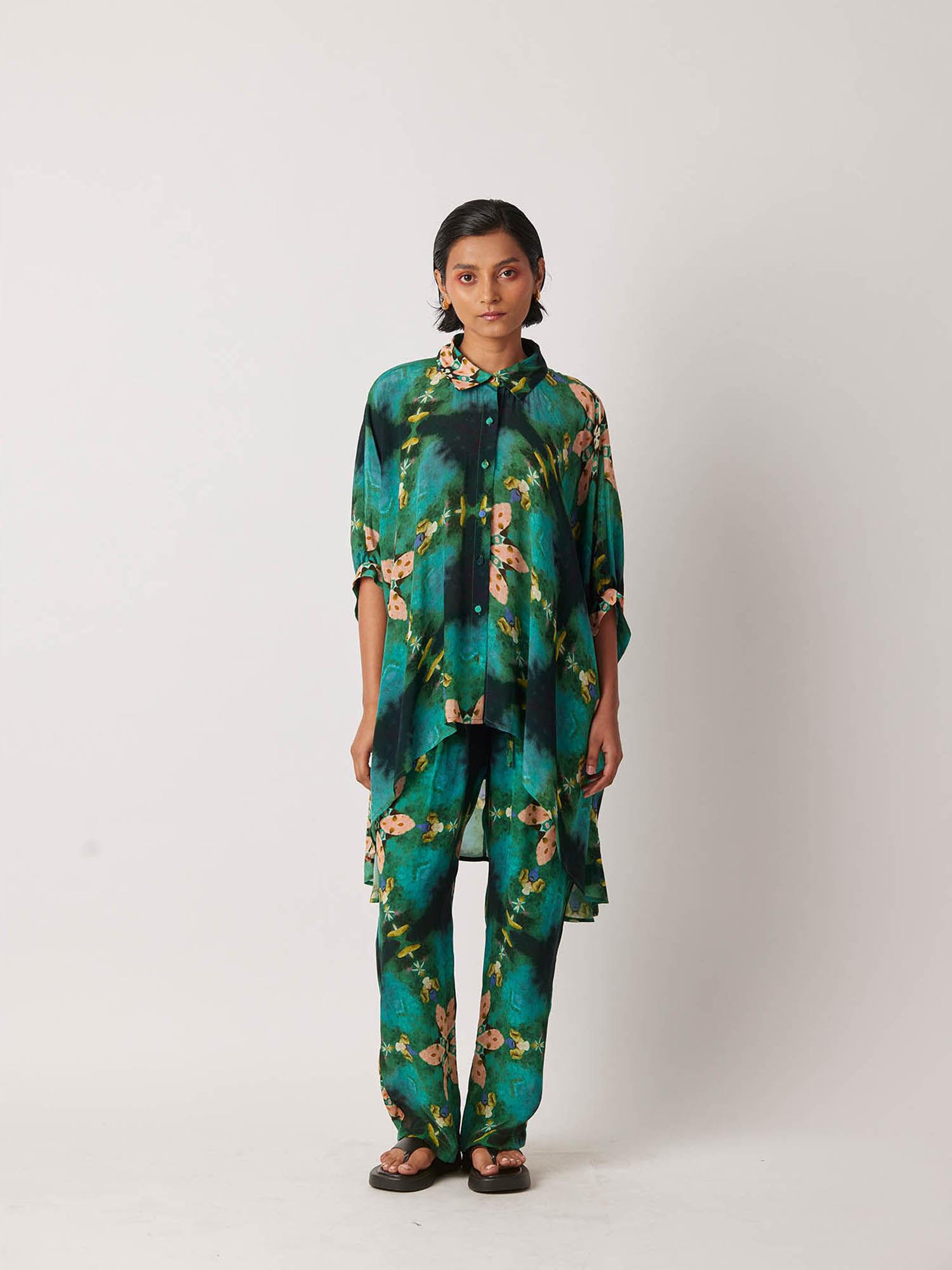 women's anigo floral & printed green kaftan top