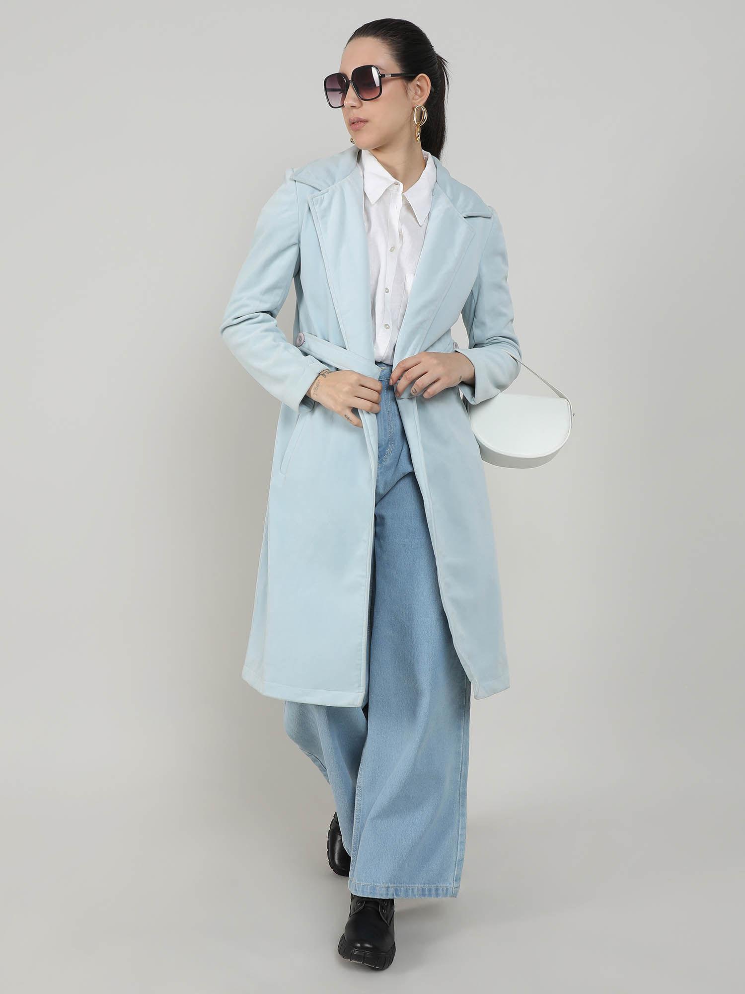 women's baby blue belted long coat