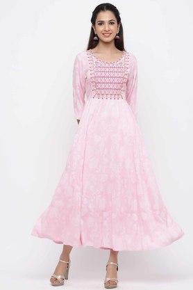 women's baby pink rayon printed tiered ethnic dress with zari embroidery - baby pink