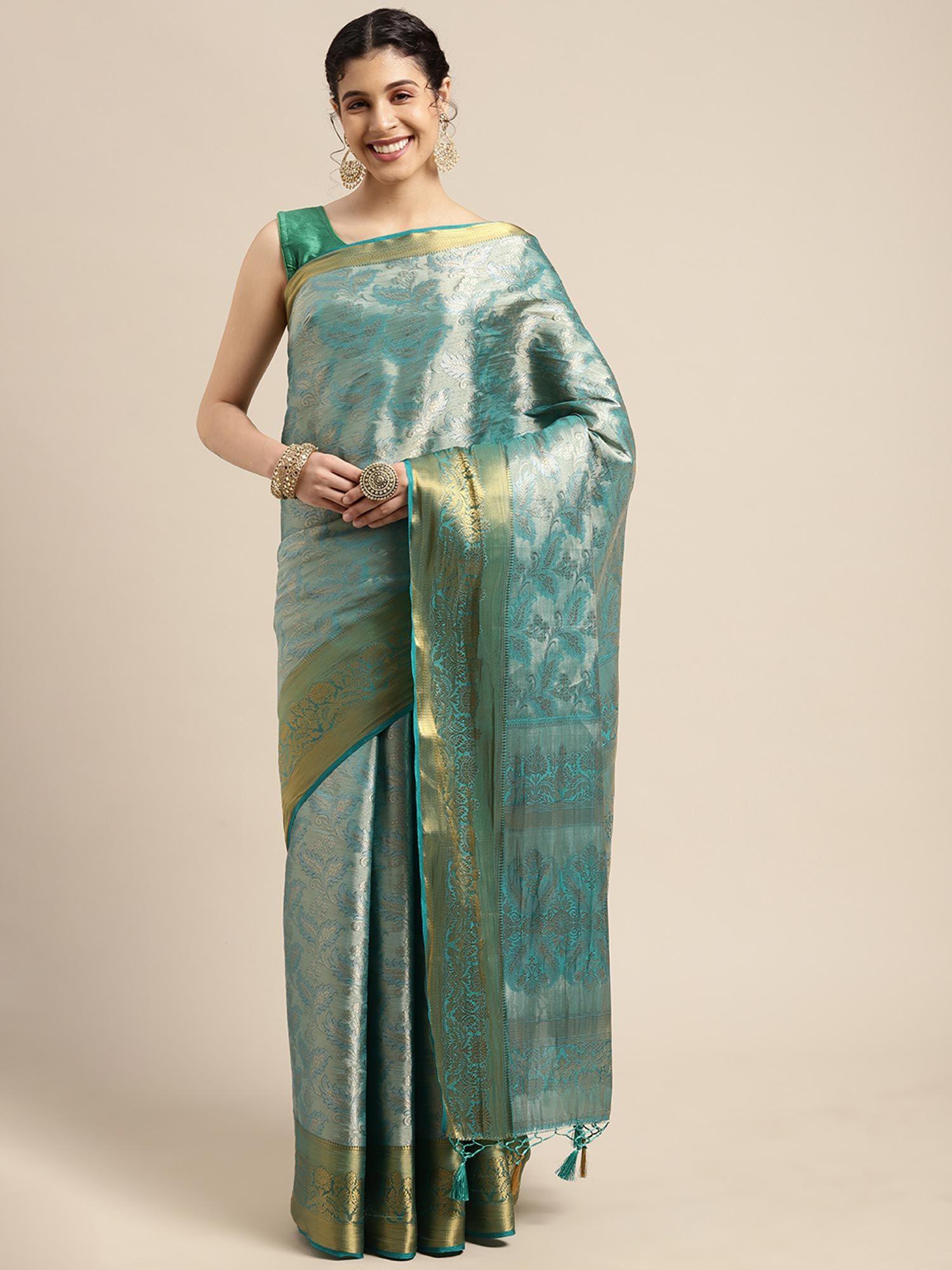 women's banarasi art silk turquoise saree with unstitched blouse