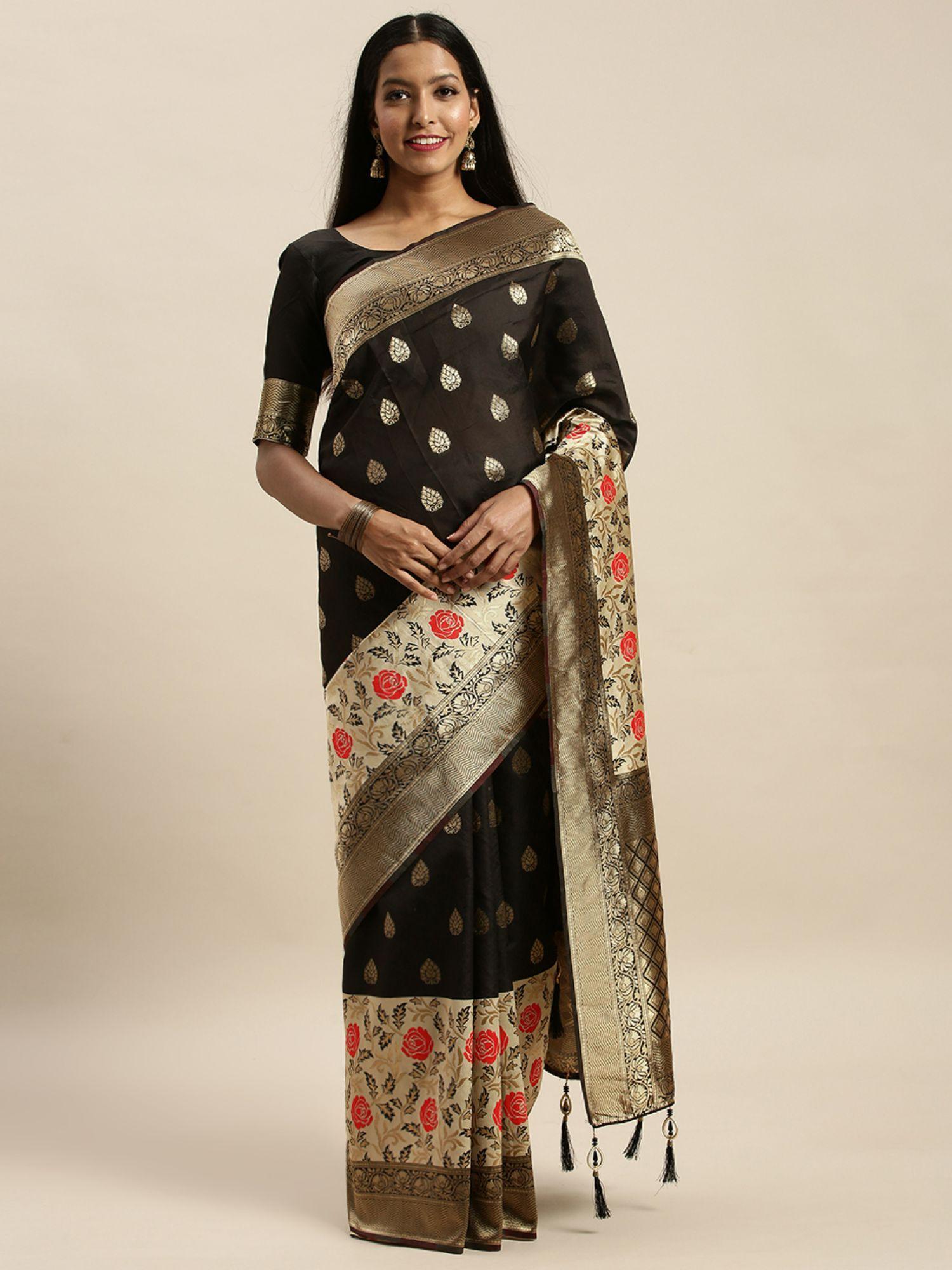 women's banarasi silk black saree with unstitched blouse