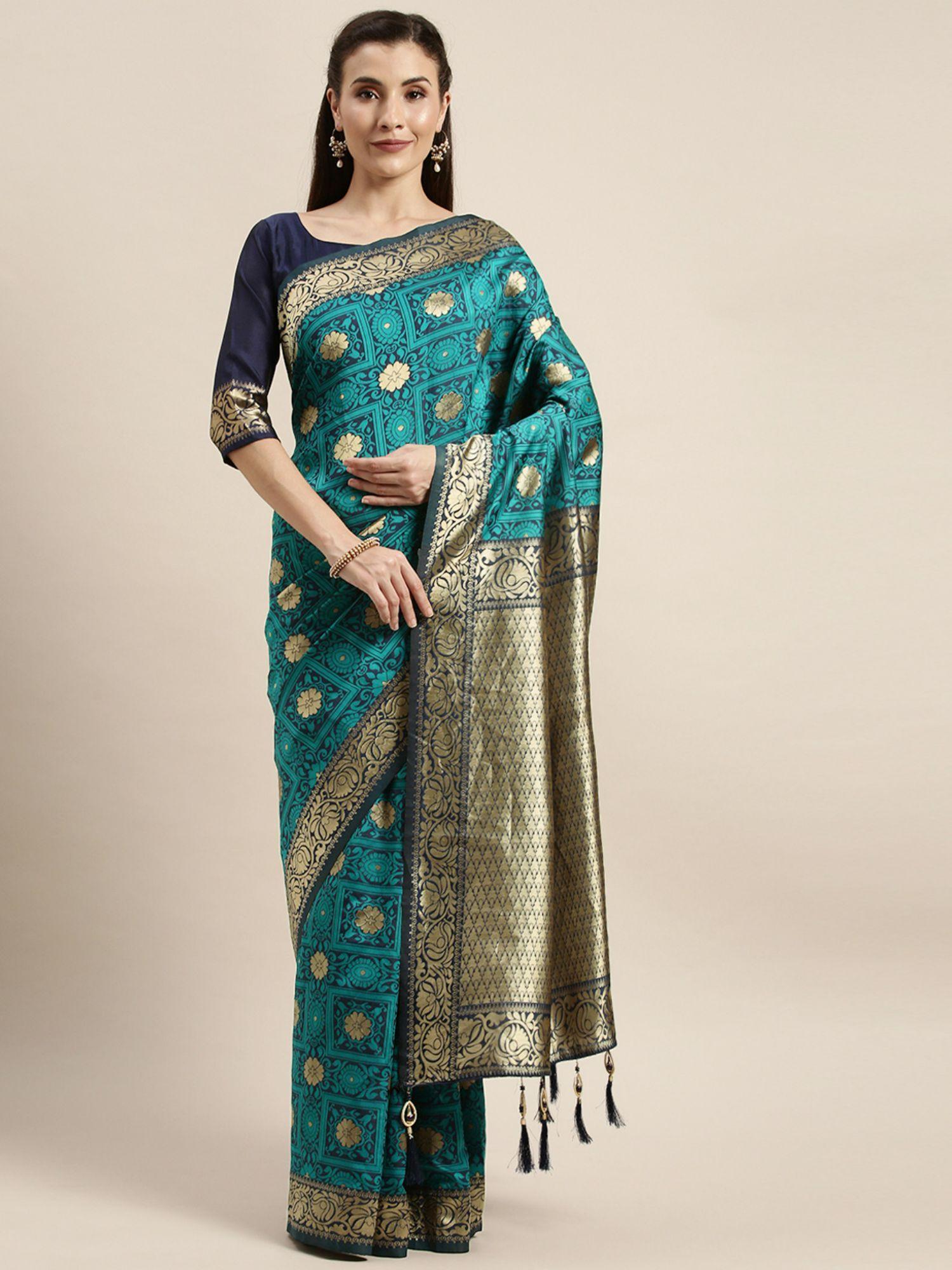 women's banarasi silk green saree with unstitched blouse