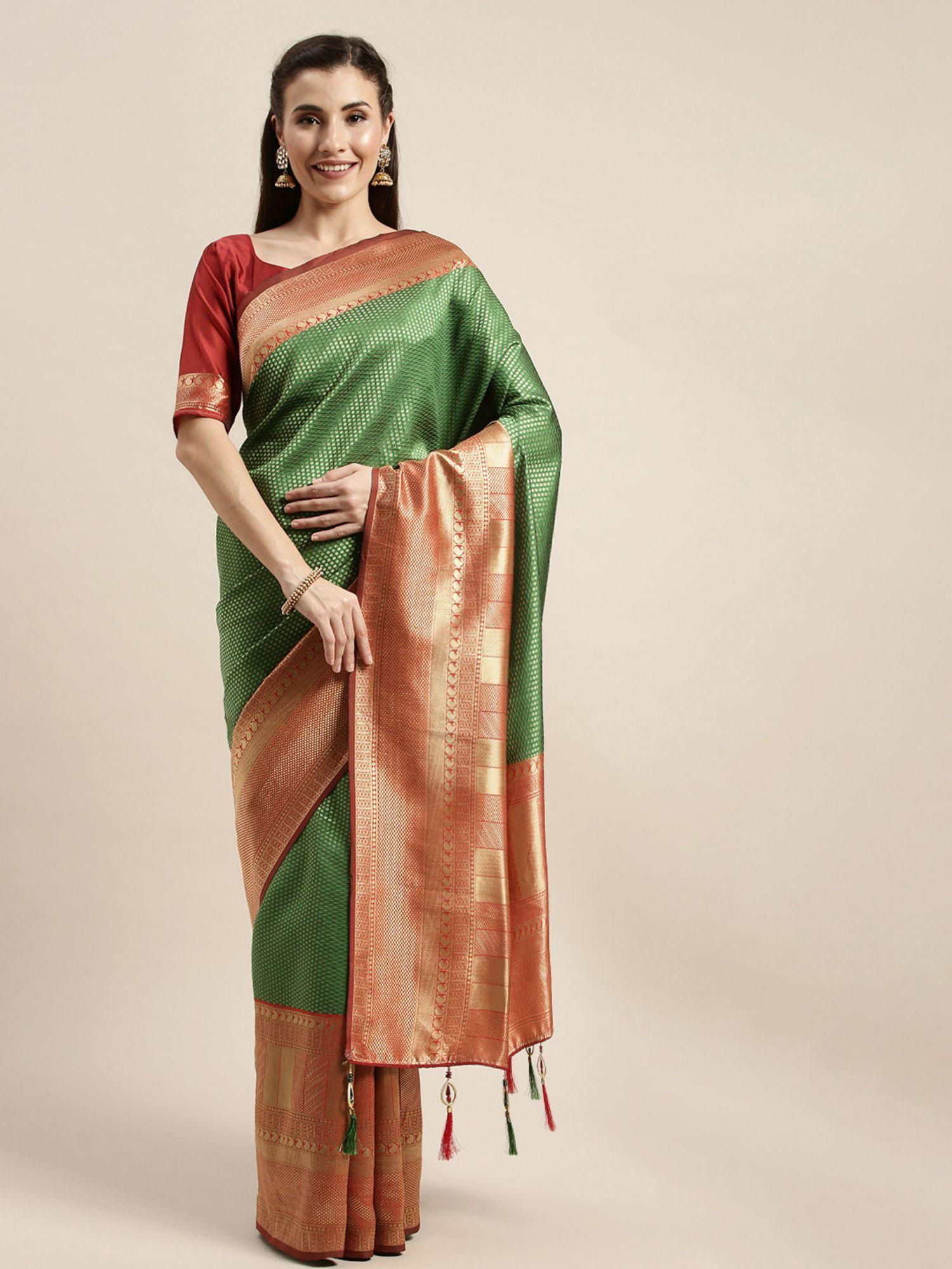 women's banarasi silk green saree with unstitched blouse