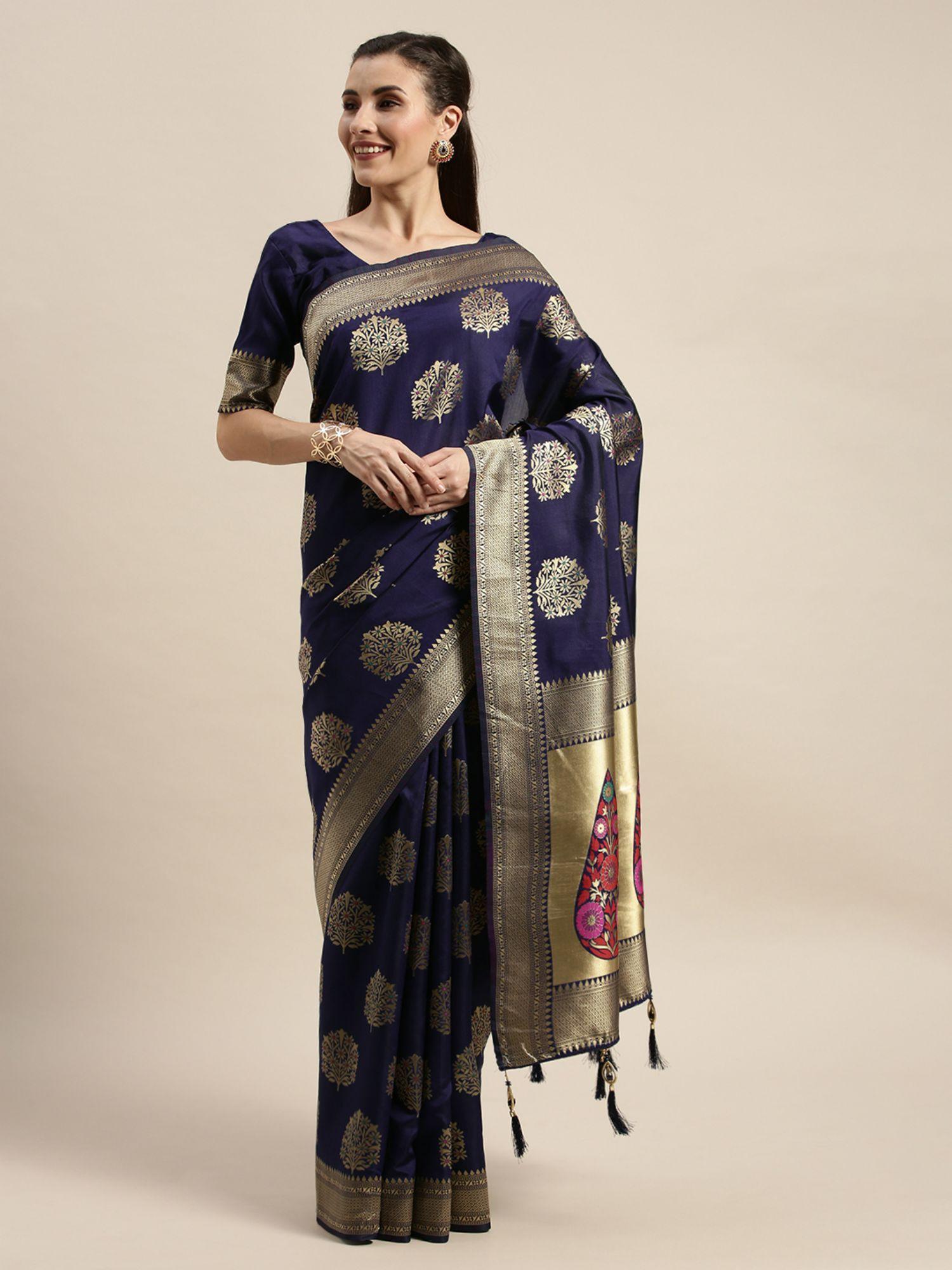 women's banarasi silk navy blue saree with unstitched blouse