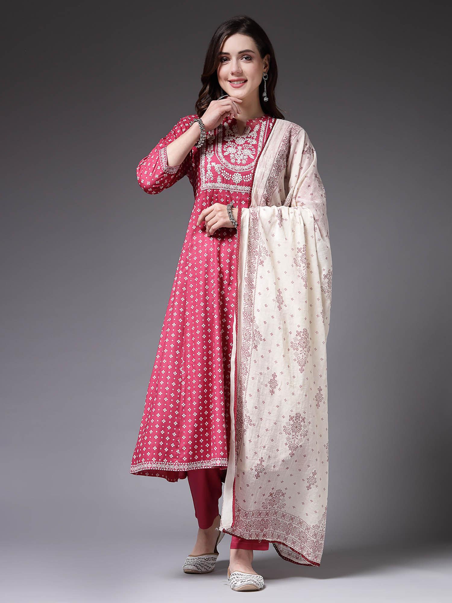 women's bandhej & embroidered pink rayon anarkali kurta with pant and dupatta (set of 3)