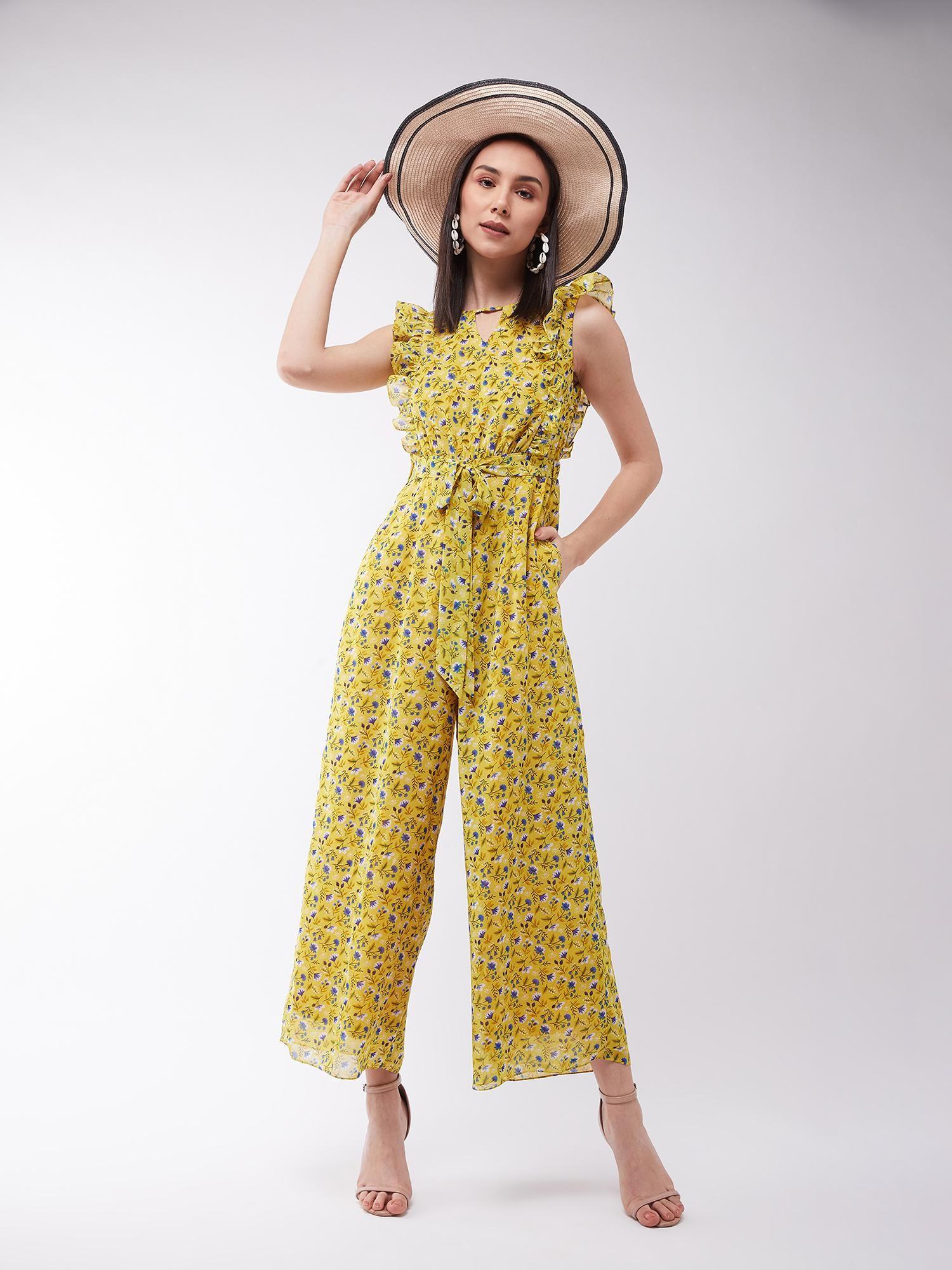 women's base yellow round neck wide leg regular jumpsuit