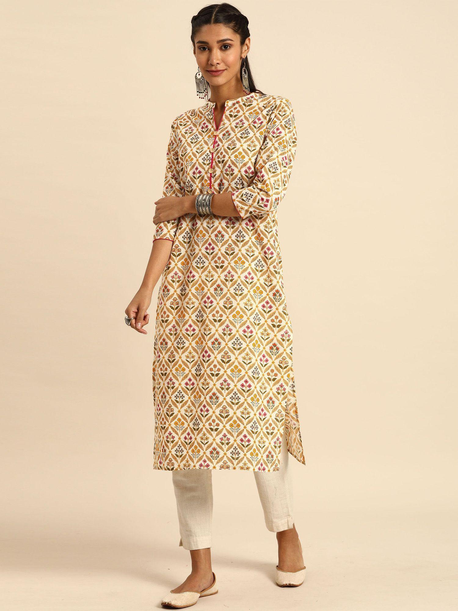 women's beige cotton jaipuri printed kurti