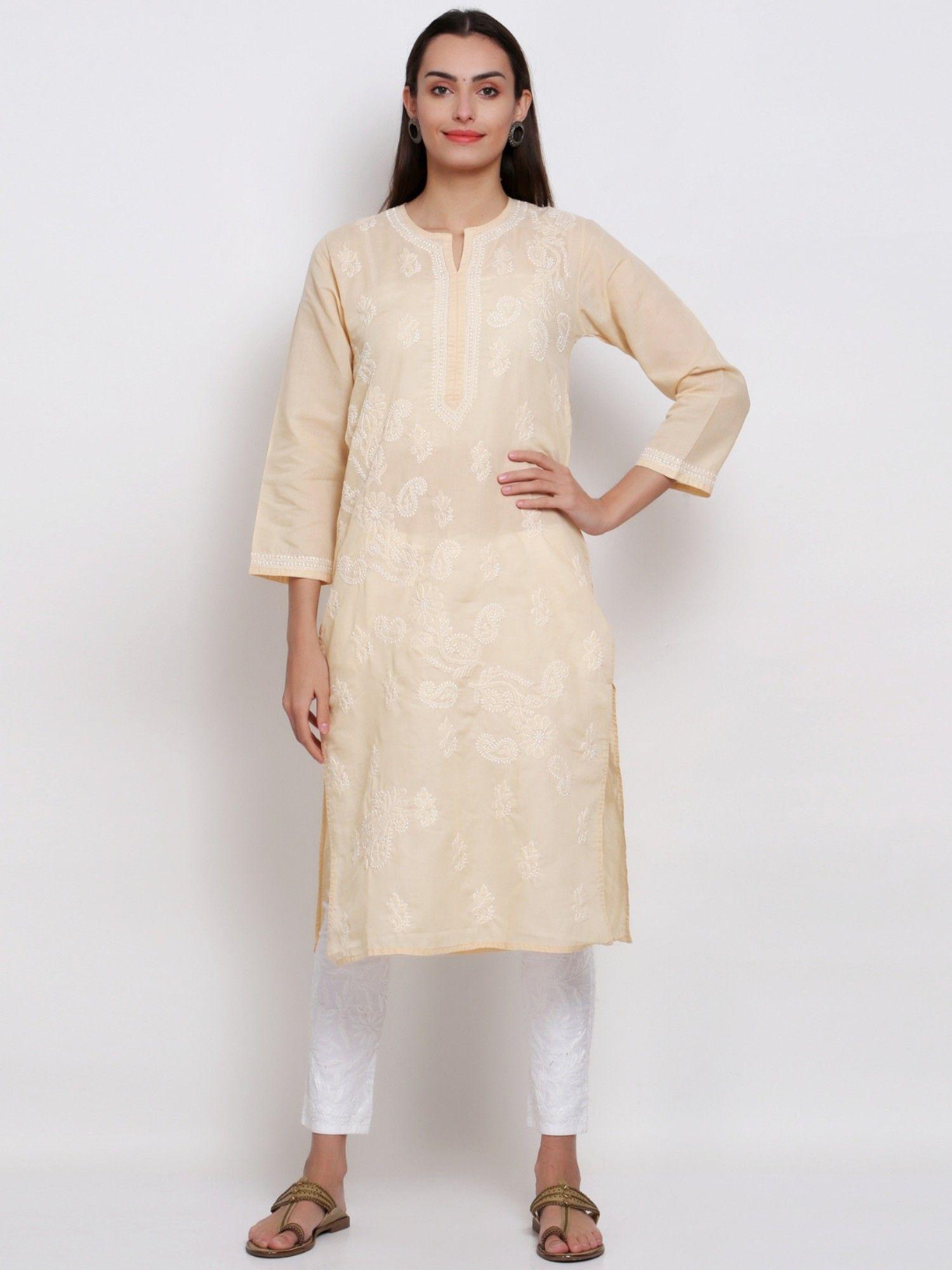 women's beige hand embroidered chikankari cotton straight kurta