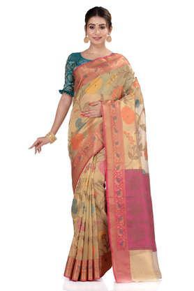 women's beige handwoven meena work tissue silk saree with blouse piece - natural