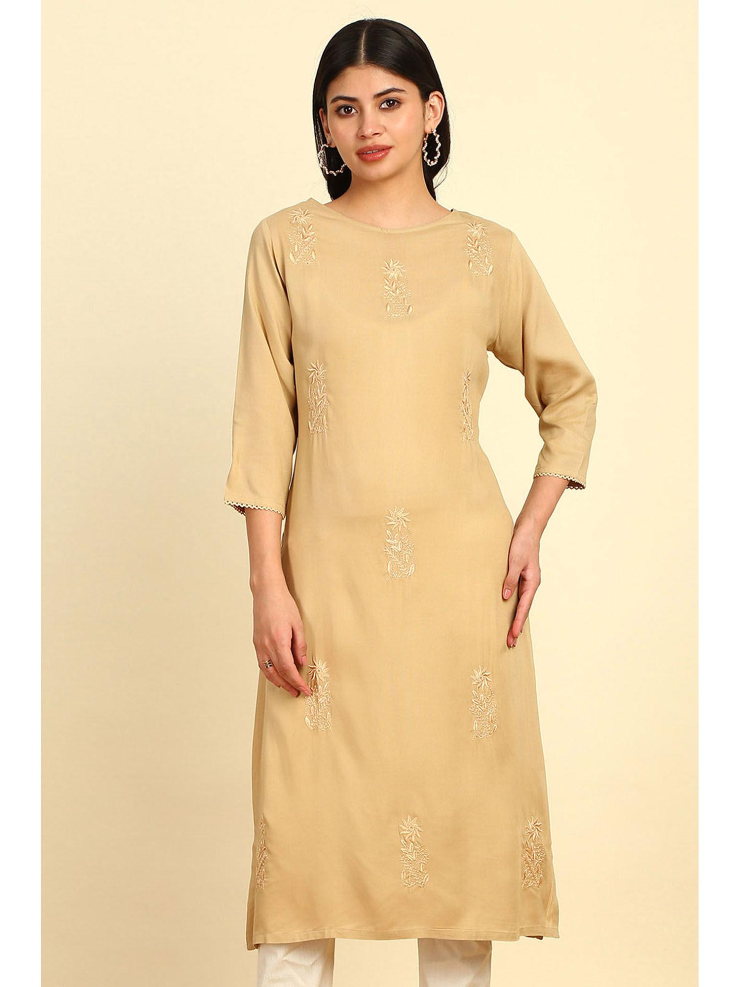 women's beige rayon embroidered kurta with thread work