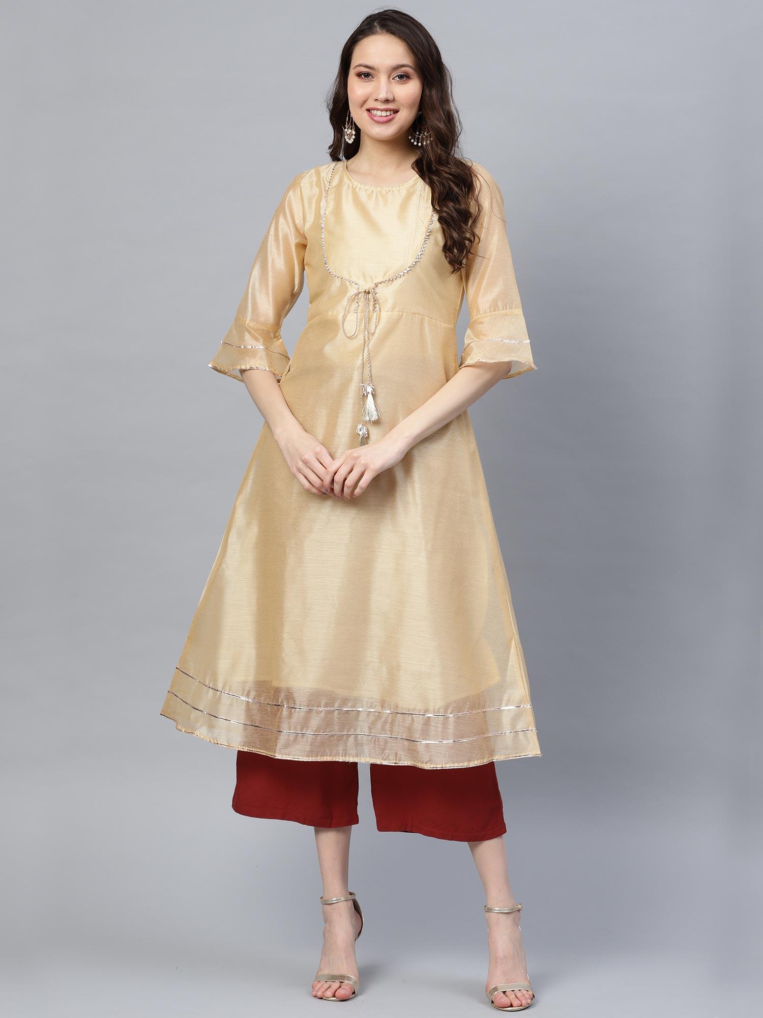 women's beige solid a-line long kurta