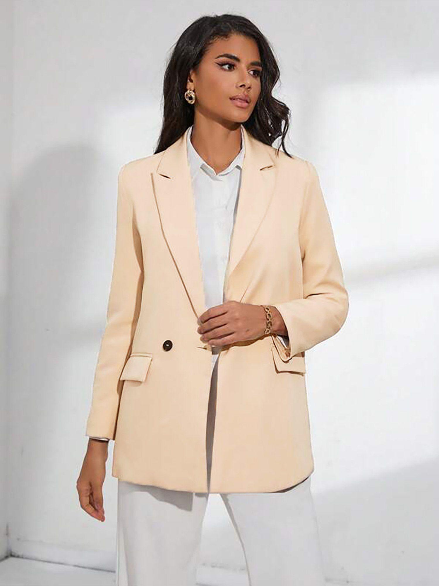 women's beige solid casual blazer