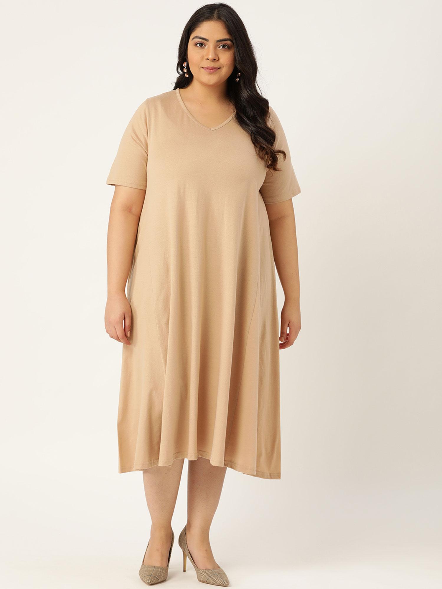 women's beige solid color v-neck cotton a-line dress