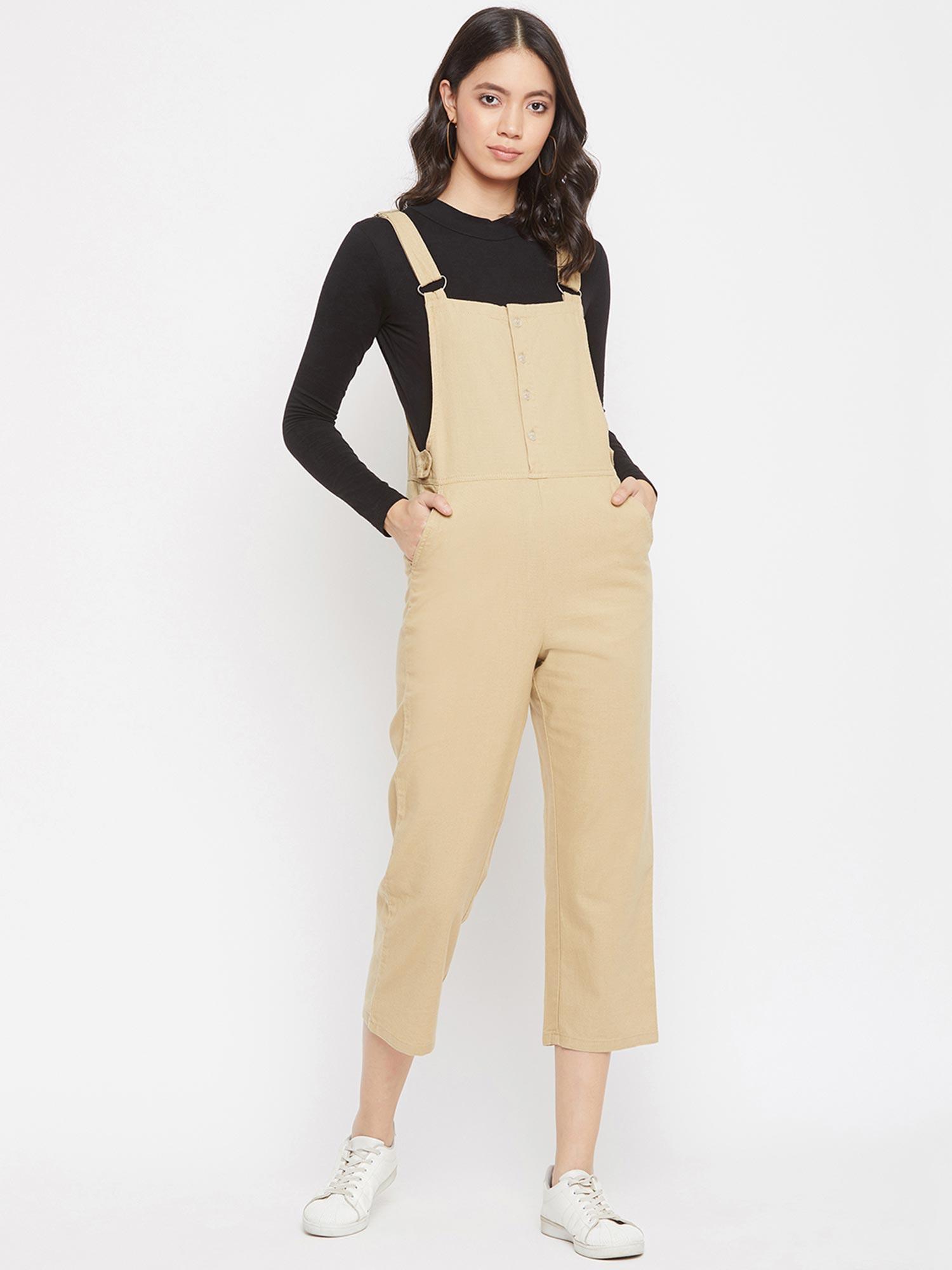 women's beige solid dungarees