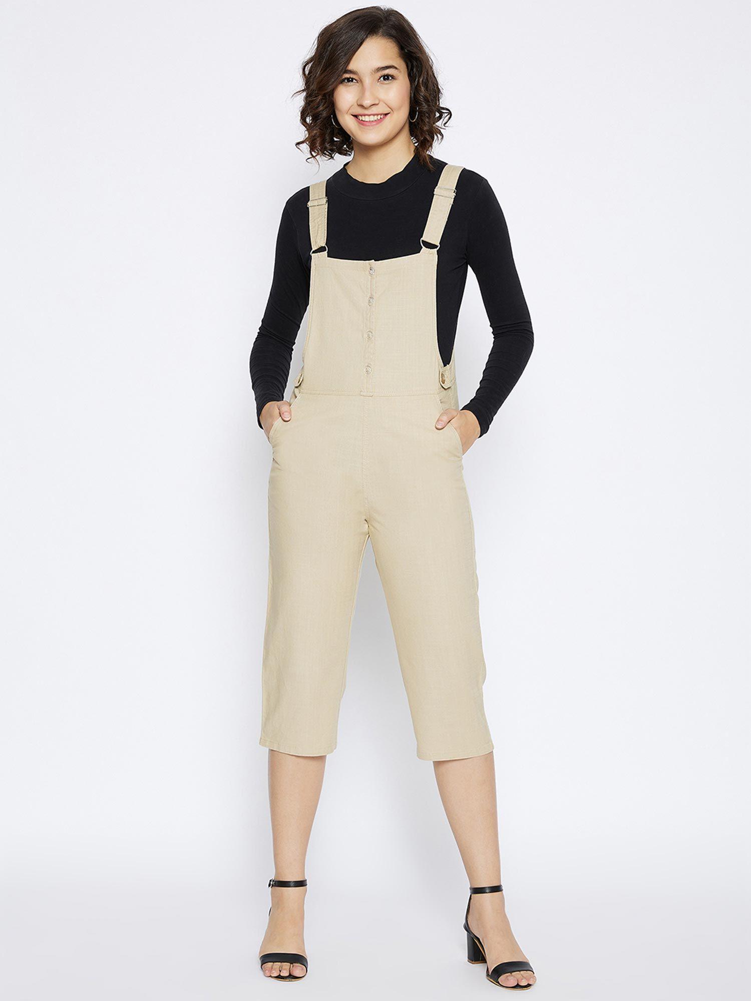 women's beige solid dungarees